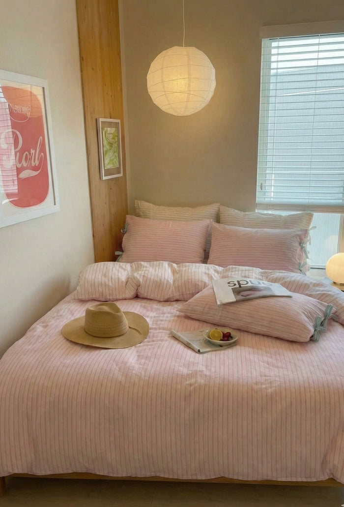 - Ever Lasting - Josie Bow Tied Striped Small Room Bedding Set / Pink - Bedding Set - Ever Lasting