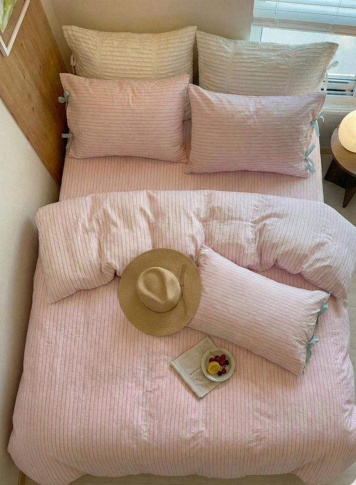 - Ever Lasting - Josie Bow Tied Striped Small Room Bedding Set / Pink - Bedding Set - Ever Lasting