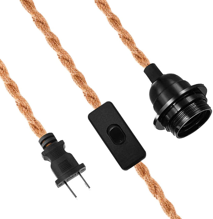 Jute Rope Pendant Light Lamp Fabric Cord for Lanterns & Light Bulbs, Switch, 15 FT - Electrical Swag Light Kit