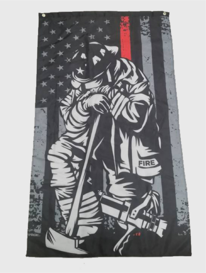 Kneeling Firefighter Flag-Thin Red Line Flag.