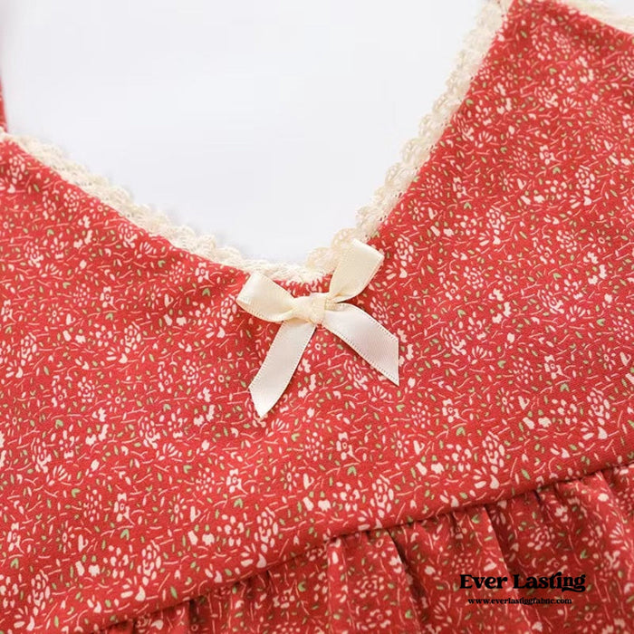 Lace Floral Cotton Tank and Pants Pajama Set / Red - Ever Lasting
