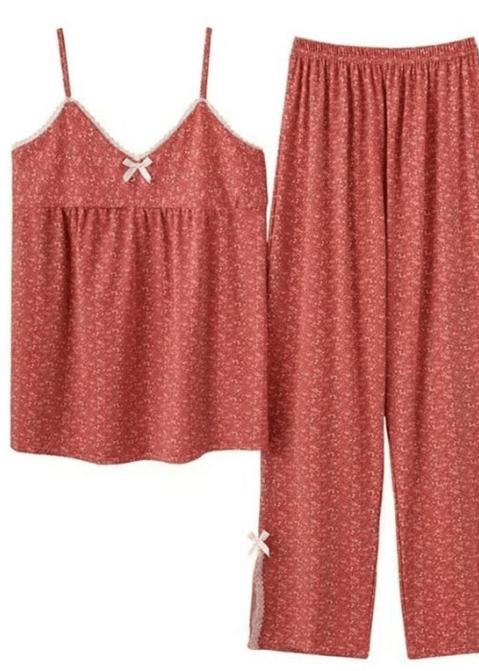 Lace Floral Cotton Tank and Pants Pajama Set / Red - Ever Lasting