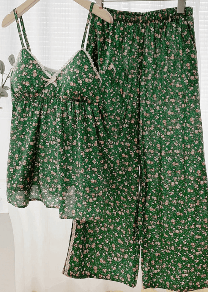 Lace Floral Cotton Tank and Pants Pajama Set / Red - Ever Lasting