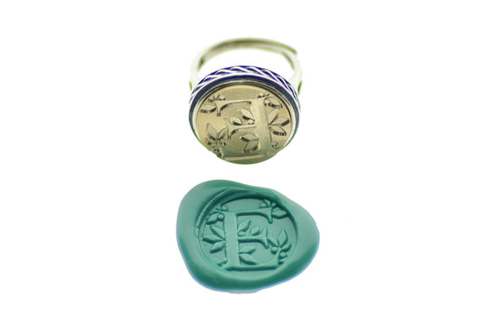Leafy Initial Signet Ring - Backtozero B20 - 1 initial, 15c, 15mm, 15mm ring, 1initial, accessory, Botanical, Compass, her, Initial, initial ring, jewelry, Leaf, Letter, Nature, One Initial, ring, signet ring, size 10, size 5, size 6, size 7, size 8, size 9, wax seal, wax seal stamp