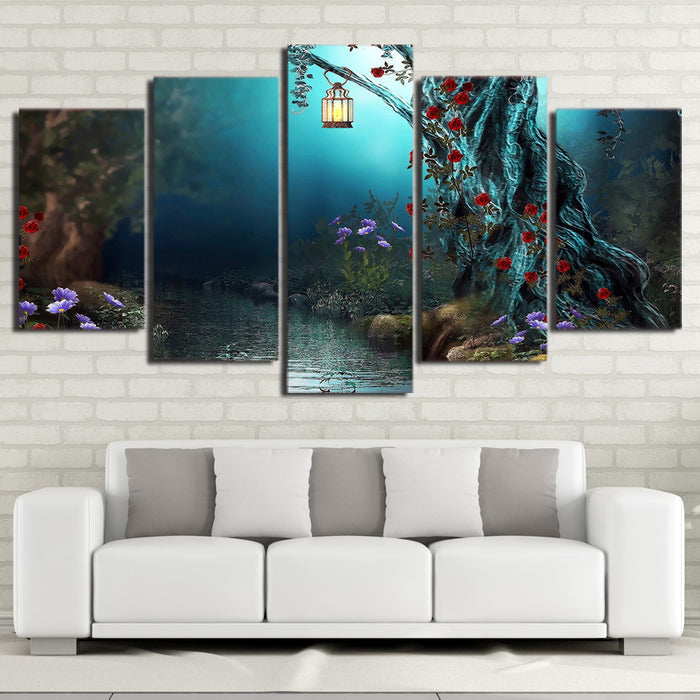 Lights in Forest Fantasy Flowers Wall Art Frame Canvas Printing Decor