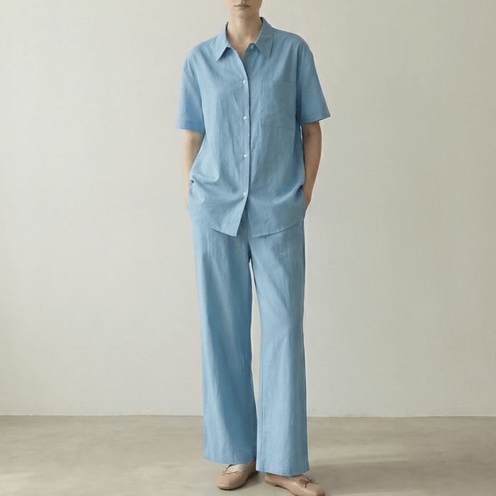 - Ever Lasting - Lino Natural Texture Cotton Set / Fresh Lake Blue (Unisex) - Pajamas - Ever Lasting