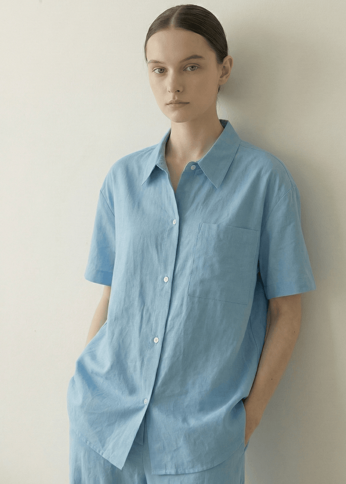 - Ever Lasting - Lino Natural Texture Cotton Set / Fresh Lake Blue (Unisex) - Pajamas - Ever Lasting