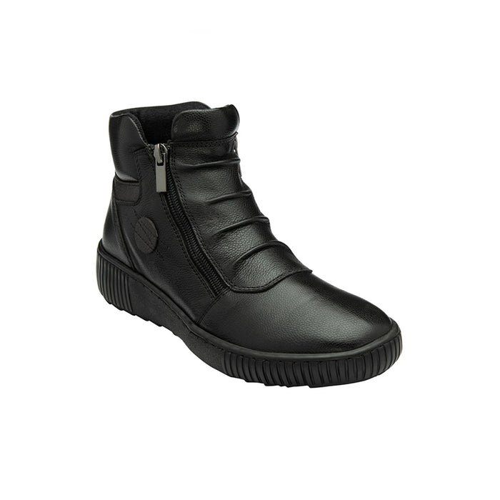 Black leather ankle boots with side zipper, padded collar, and chunky tread sole.