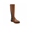 Brown leather knee-high boots with side zipper and buckle strap, lug sole.