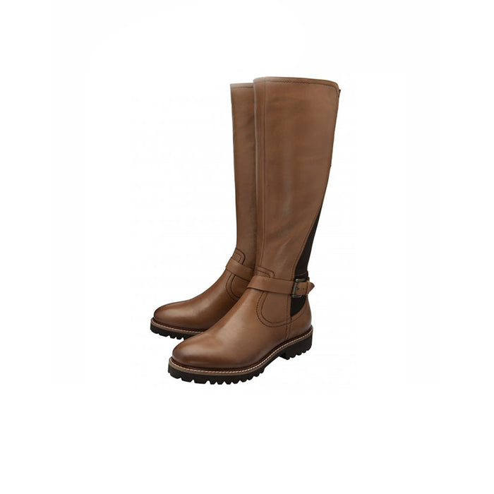 Brown knee-high boots with side zipper and buckle strap, stitched seam detail.