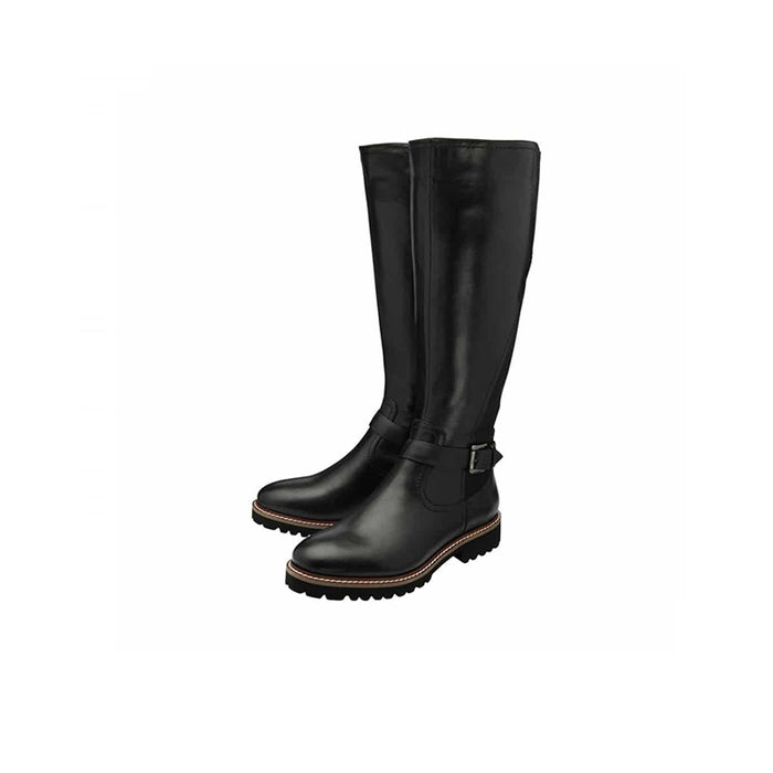 Black knee-high boots with side zipper and buckle strap, stitched seam detail.