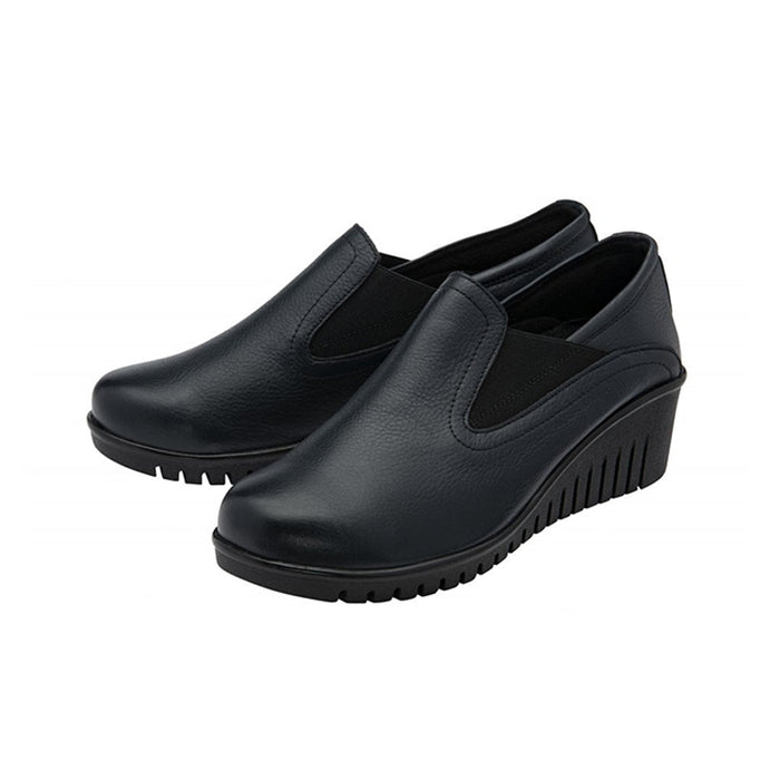 Women’s slip-on wedge pumps, black leather-look upper with dual side panels and tread sole