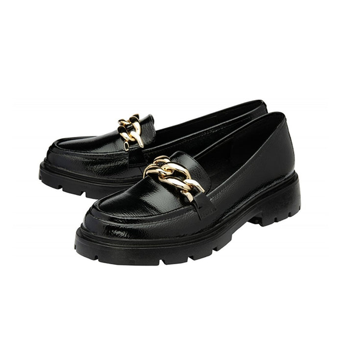 Pair of black patent loafers with gold chain bar detail and thick tread sole
