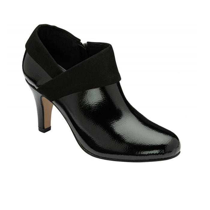 Women's black leather ankle boot with block heel and side strap