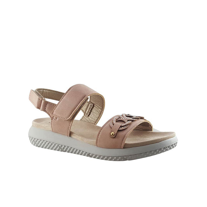 Pink hook-and-loop casual sandals with wide strap and textured platform sole