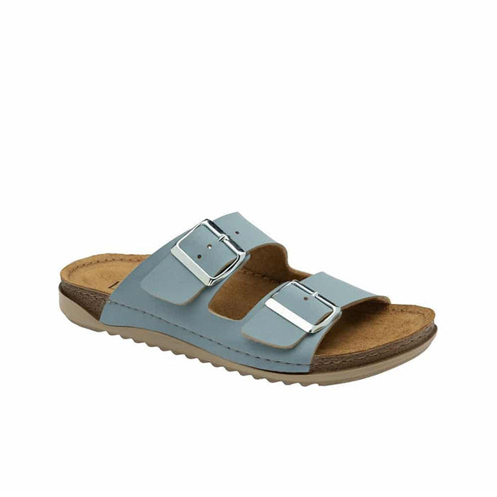 Blue casual slide sandals with two buckle straps and cushioned footbed