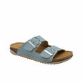 Blue casual slide sandals with two buckle straps and cushioned footbed