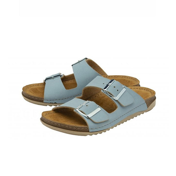 Blue casual slide sandals, two buckles across the foot, padded sole