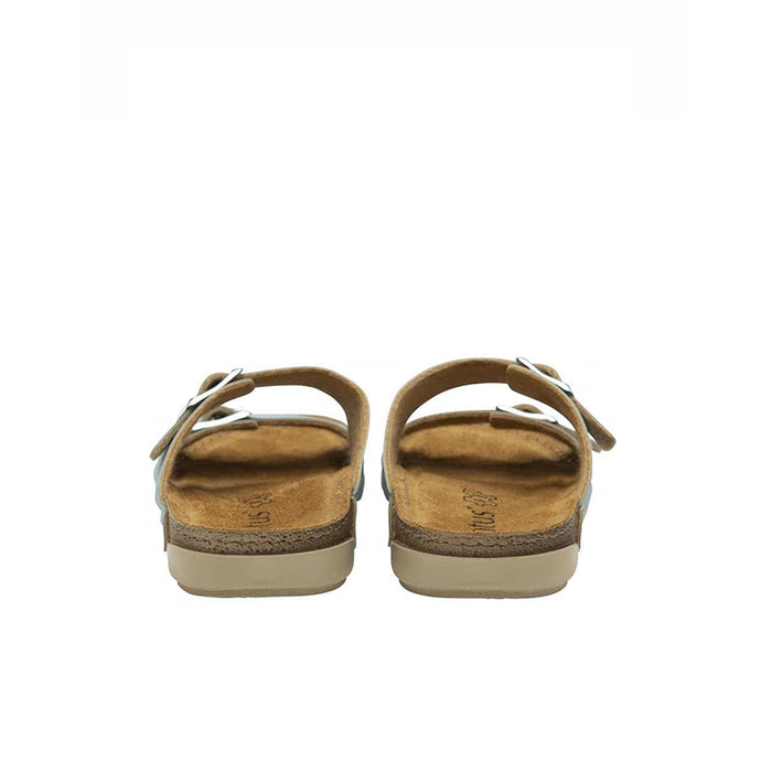 Blue casual slide sandals, rear view with two buckle straps and cushioned heel