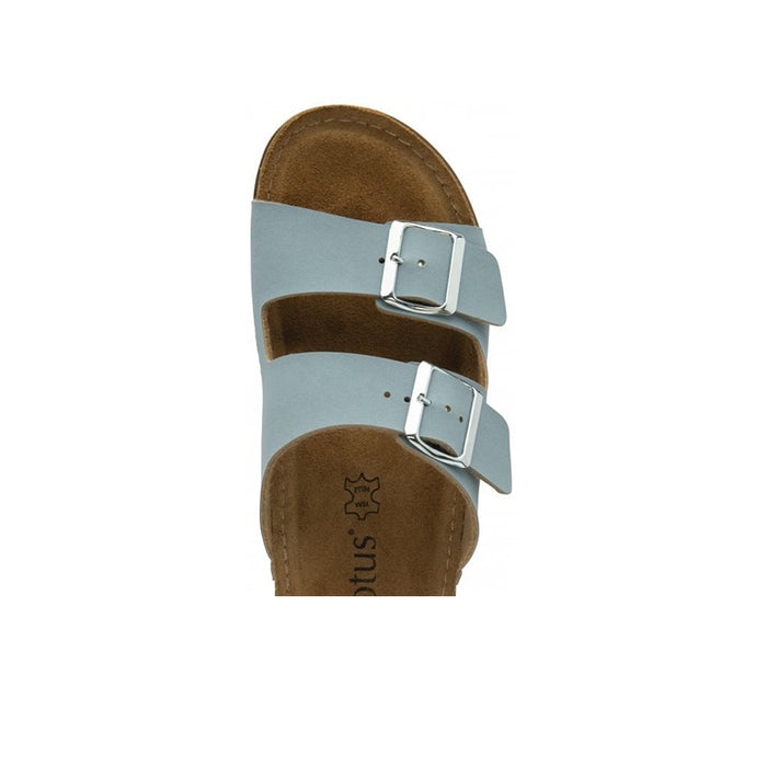 Blue casual slide sandals heel close-up with two metal buckles and padded straps