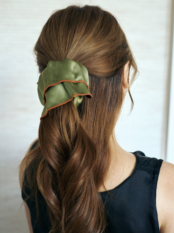 Lost Pattern Maxi Flower Double-Layer Oversized Silk Scrunchie in Martini Olive
