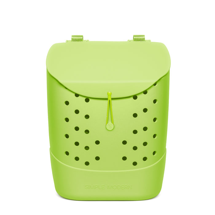 Lime green Simple Modern backpack with rounded silhouette, perforated black dots across front, woven handles, drawstring closure, and horizontal ridge detail on white background.