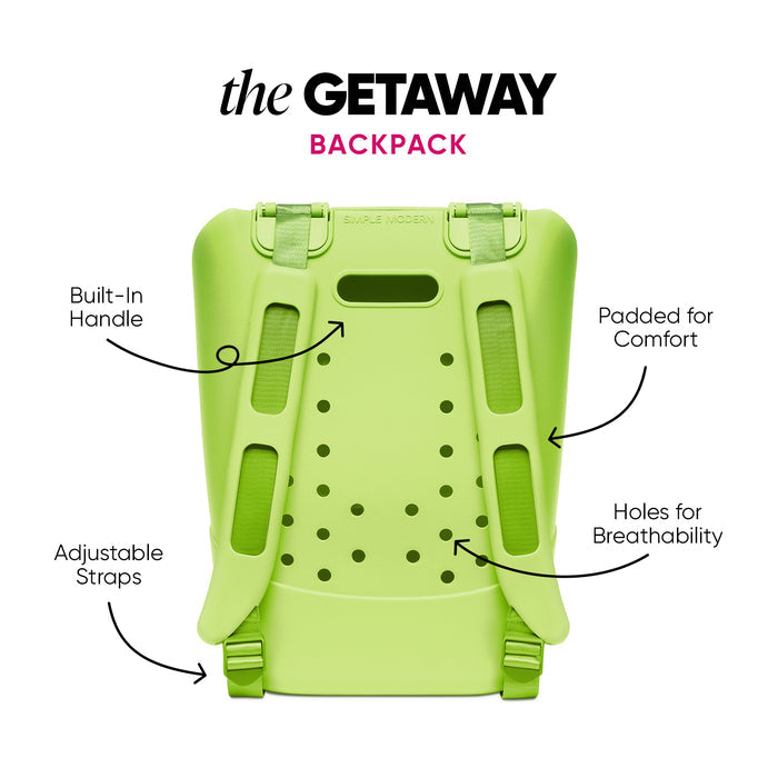 Lime green Simple Modern Getaway Backpack shown from back view with labeled features including padded shoulder straps, built-in handle, breathability holes, and adjustable straps on white background.