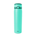 Mint green insulated water bottle with dark teal lid, band, and handle. Simple Modern logo on front. Studio product shot on white background.