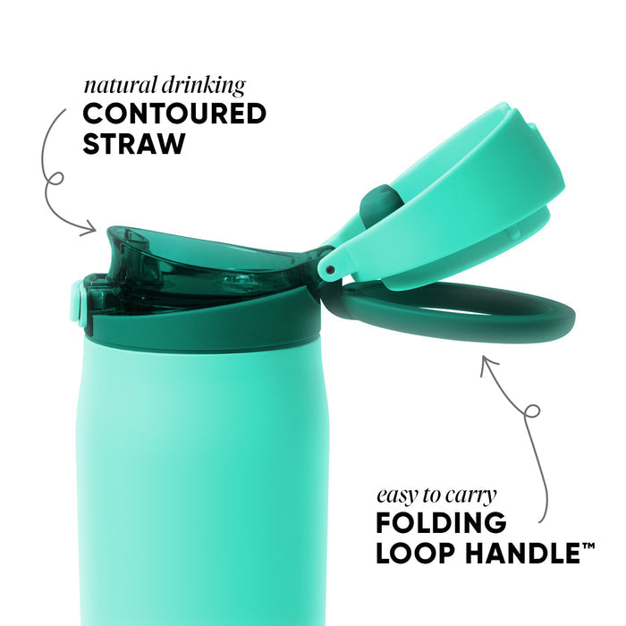 Pale aqua Simple Modern tumbler with dark teal lid, contoured straw, and folding loop handle against white background. Labels highlight natural drinking straw and easy-carry handle features.