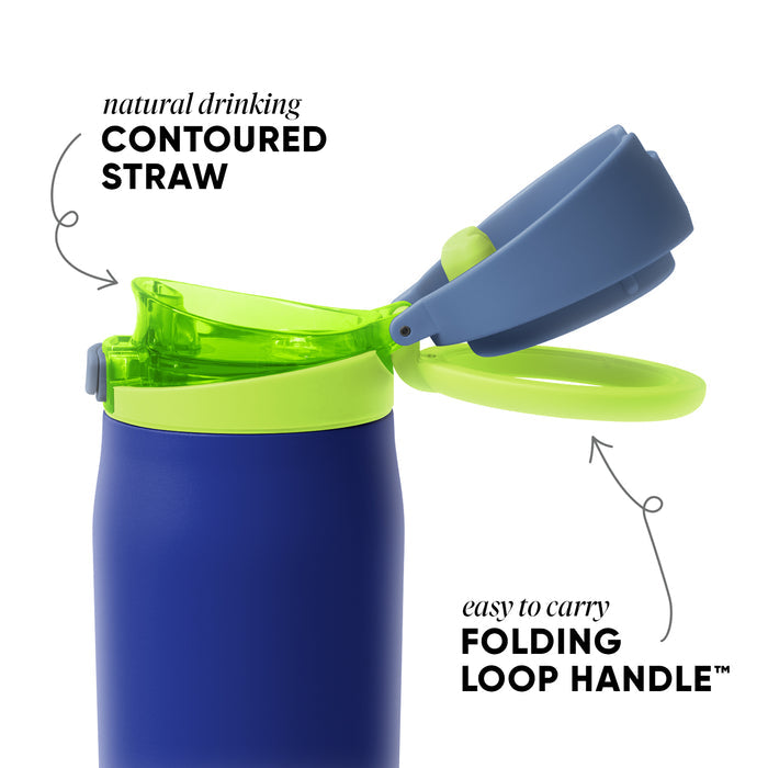 Navy blue Simple Modern drinking vessel with lime green accent band and straw, slate blue lid, and navy folding loop handle against white background. Text callouts highlight contoured straw and folding loop handle features.