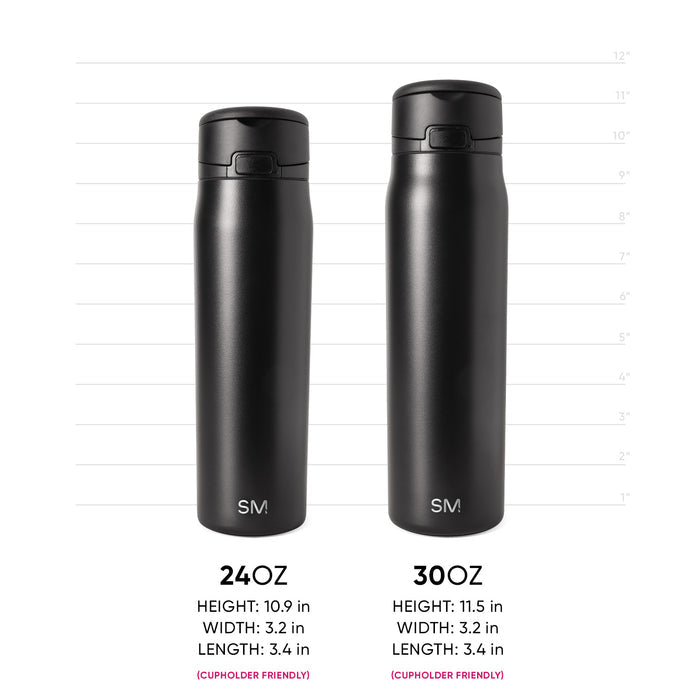 Two black Simple Modern insulated water bottles side by side with measurement scale. Left: 24oz bottle (10.9"H × 3.2"W × 3.4"L). Right: 30oz bottle (11.5"H × 3.2"W × 3.4"L). Both cupholder friendly with dome lids.