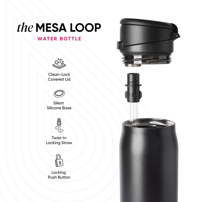Mesa Loop water bottle by Simple Modern shown in matte black with curved carrying loop lid, matching straw, and clear base ring. Four feature icons displayed: Clean-Lock Covered Lid, Silent Silicone Base, Twist-In Locking