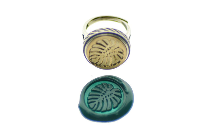 Monstera Signet Ring - Backtozero B20 - 15c, 15mm, 15mm ring, accessory, Botanical, her, jewelry, Leaf, monstera, Nature, Plant, ring, signet ring, size 10, size 5, size 6, size 7, size 8, size 9, wax seal, wax seal stamp
