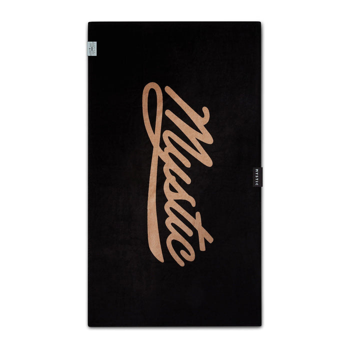 Mystic Quick Dry Black Terry Towel, beach towel with brown Mystic logo on black fabric