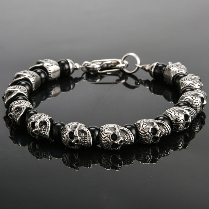 Natural Stone Stainless Steel Men Skull Beads Bracelet