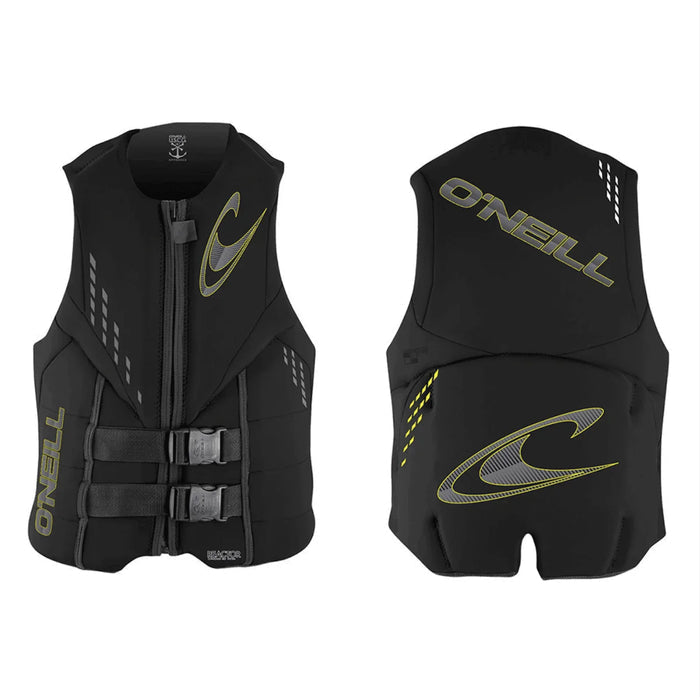 O'Neill Reactor ISO 50N Vest in black and yellow, front and back view, watersports buoyancy aid