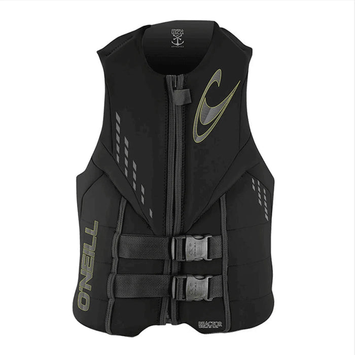 O'Neill Reactor ISO 50N vest in black and yellow, front zip, safety straps visible
