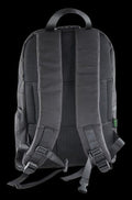 A close-up, angled view of the Ooze Smell Proof Backpack, showcasing its black, textured fabric and adjustable straps.