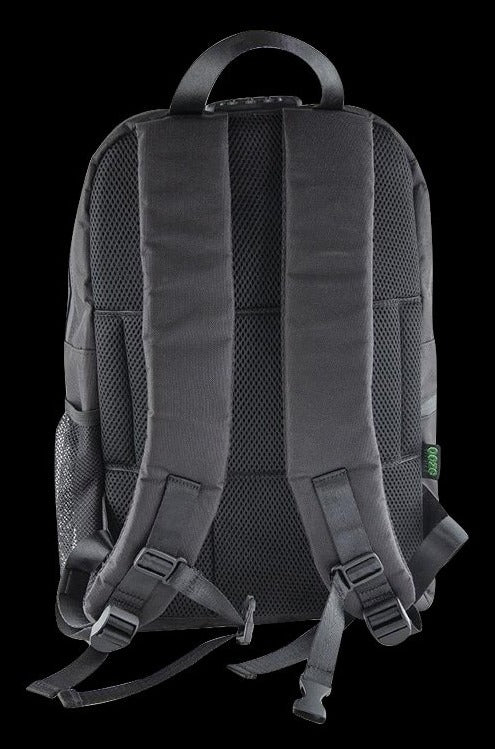 A close-up, angled view of the Ooze Smell Proof Backpack, showcasing its black, textured fabric and adjustable straps.