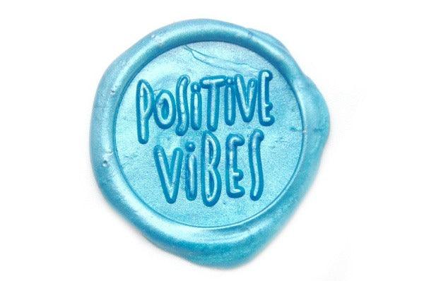 Positive Vibes Wax Seal Stamp Designed by Jo | Available in 4 Sizes - Backtozero B20 - collaboration, handwriting, Jo, Message, metallic, metallic sky blue, positive, Signature, signaturehandle, Sky Blue, vibes, Words