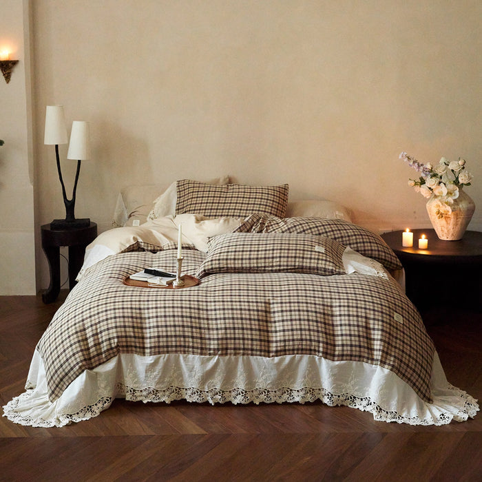 -Ever Lasting - Primrose Gingham Washed Cotton Bedding Set / Brown -Bedding Set -Ever Lasting