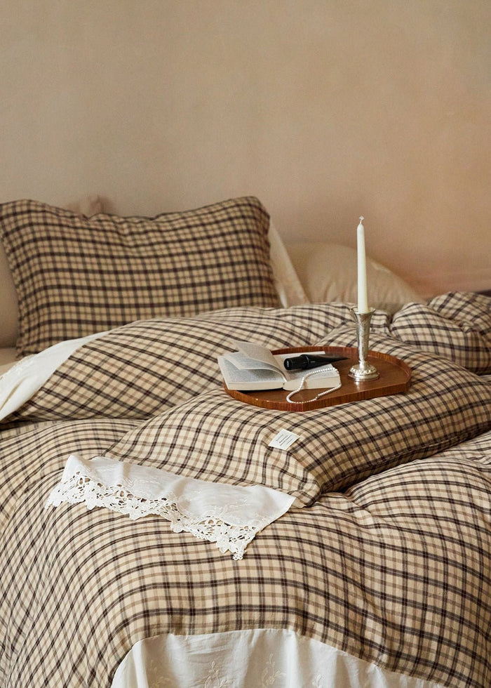 -Ever Lasting - Primrose Gingham Washed Cotton Bedding Set / Brown -Bedding Set -Ever Lasting