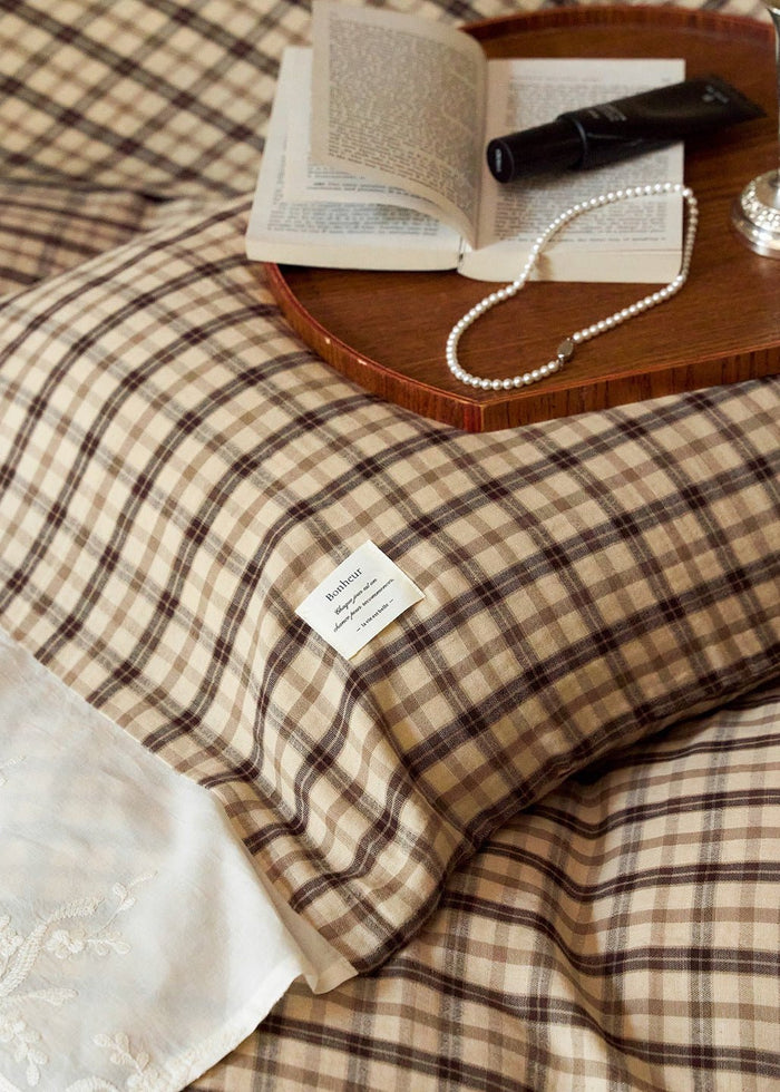 -Ever Lasting - Primrose Gingham Washed Cotton Bedding Set / Brown -Bedding Set -Ever Lasting