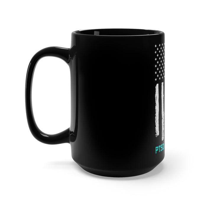 PTSD Warrior US Flag Teal Ribbon - 15oz Black Ceramic Mug