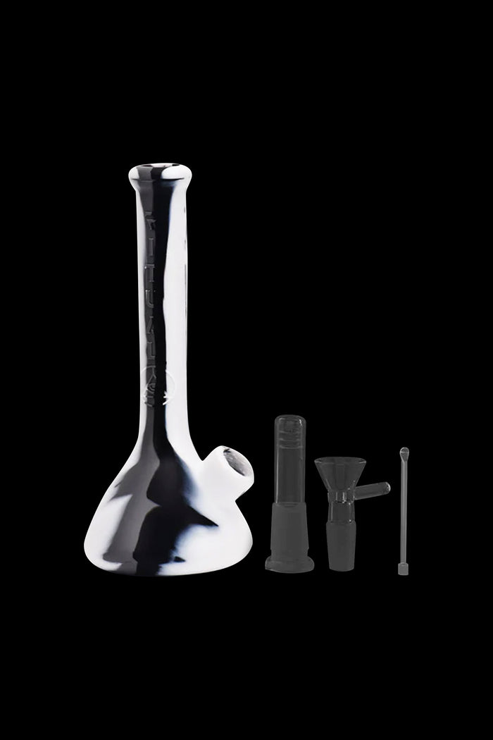 Black and white glass bong with bowl and downstem.
