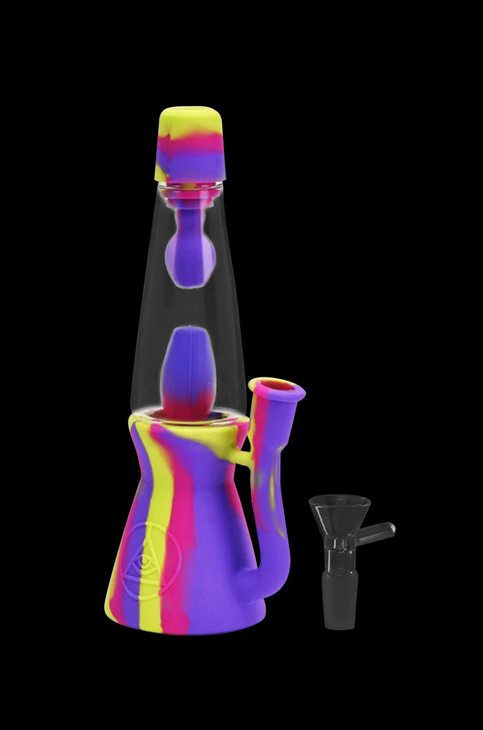 Colorful silicone water pipe (bong) with a glass bowl, isolated on a black background.