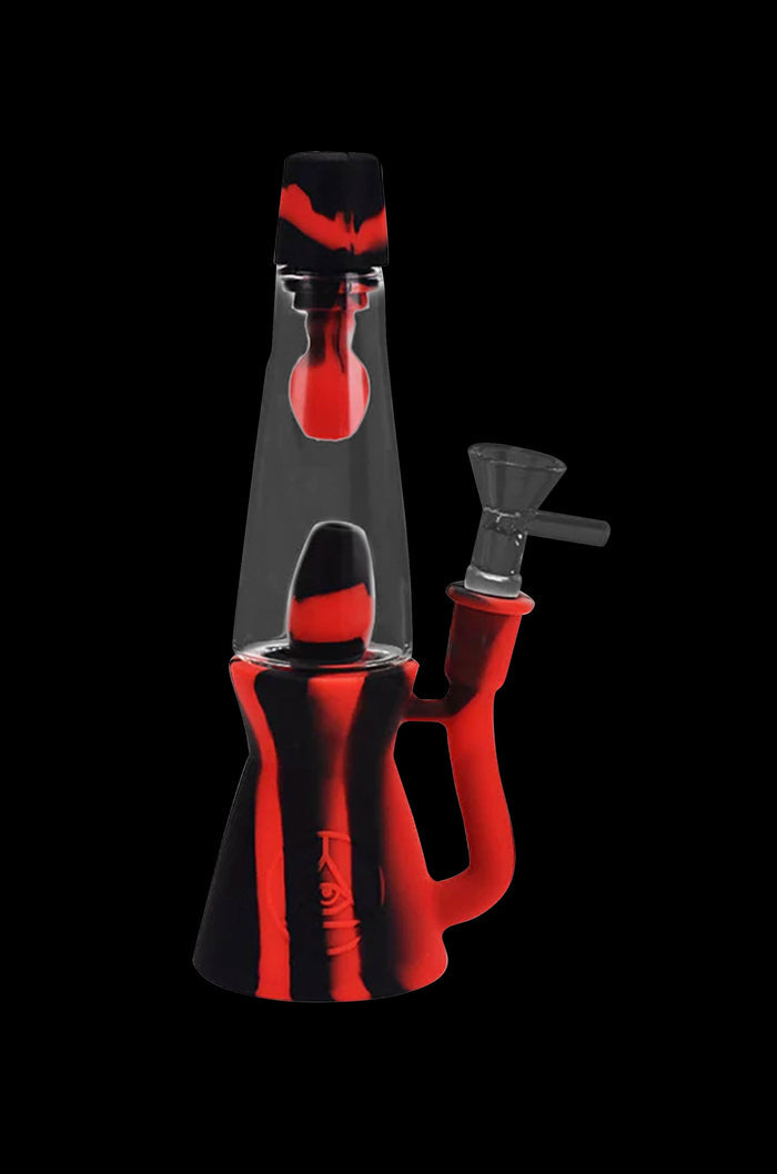Red and black silicone water pipe with a glass bowl.