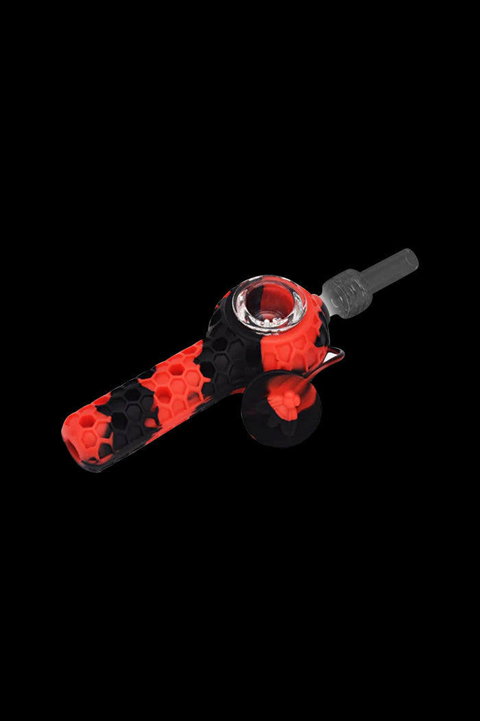 Red and black silicone cannabis pipe with glass bowl and stem.