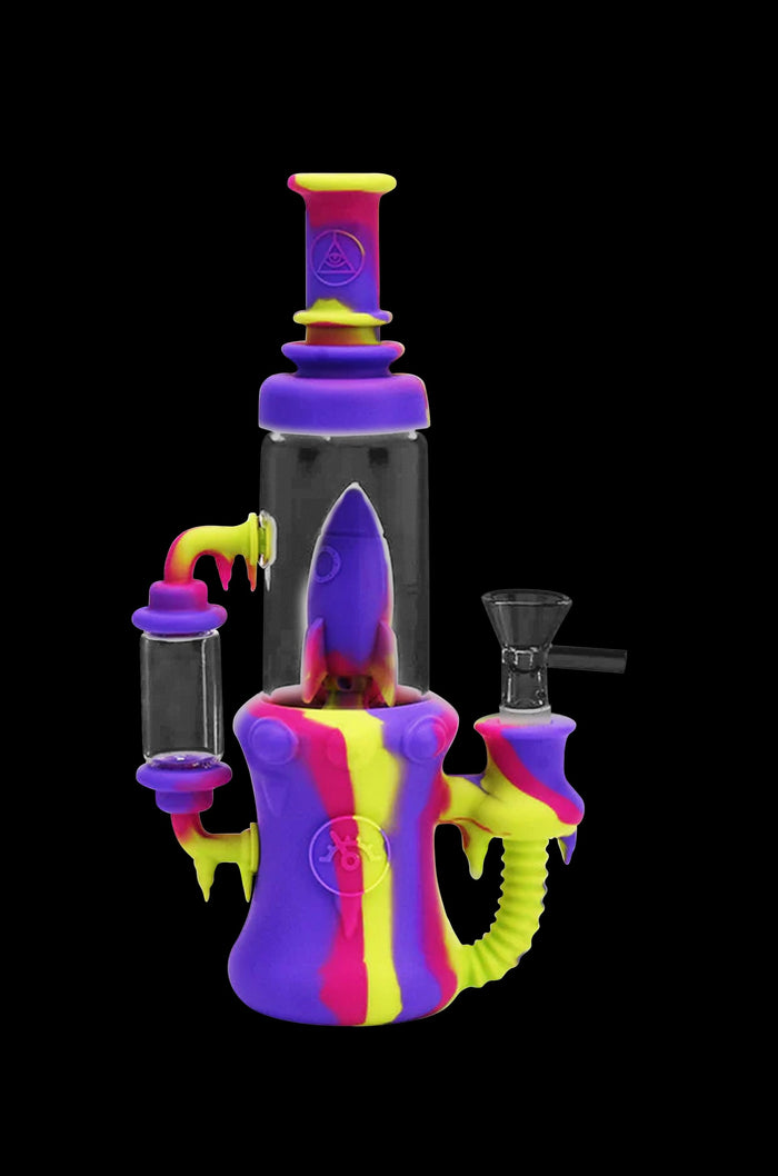 Purple and yellow silicone bubbler with a glass bowl.