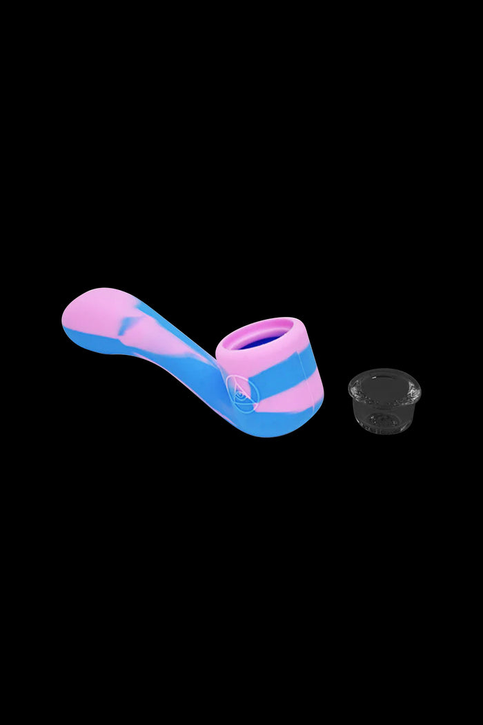 Silicone cannabis pipe in pink and blue with a glass insert.